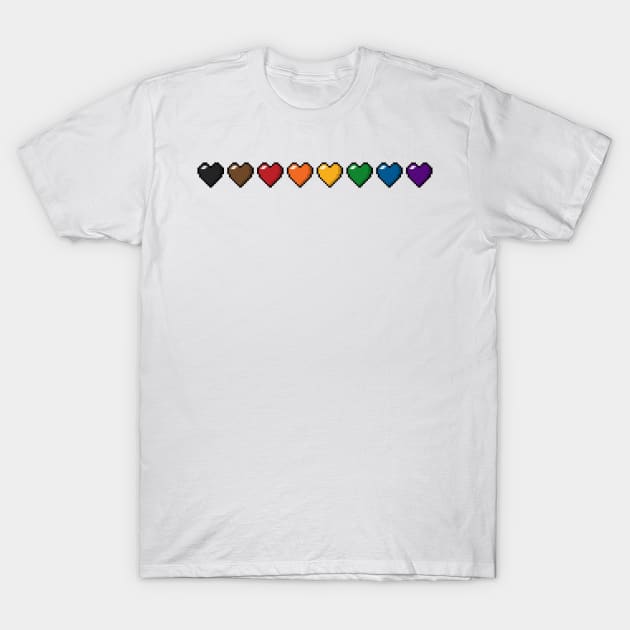 Row of Eight Inclusive Rainbow Pride Flag Pixel Hearts T-Shirt by LiveLoudGraphics